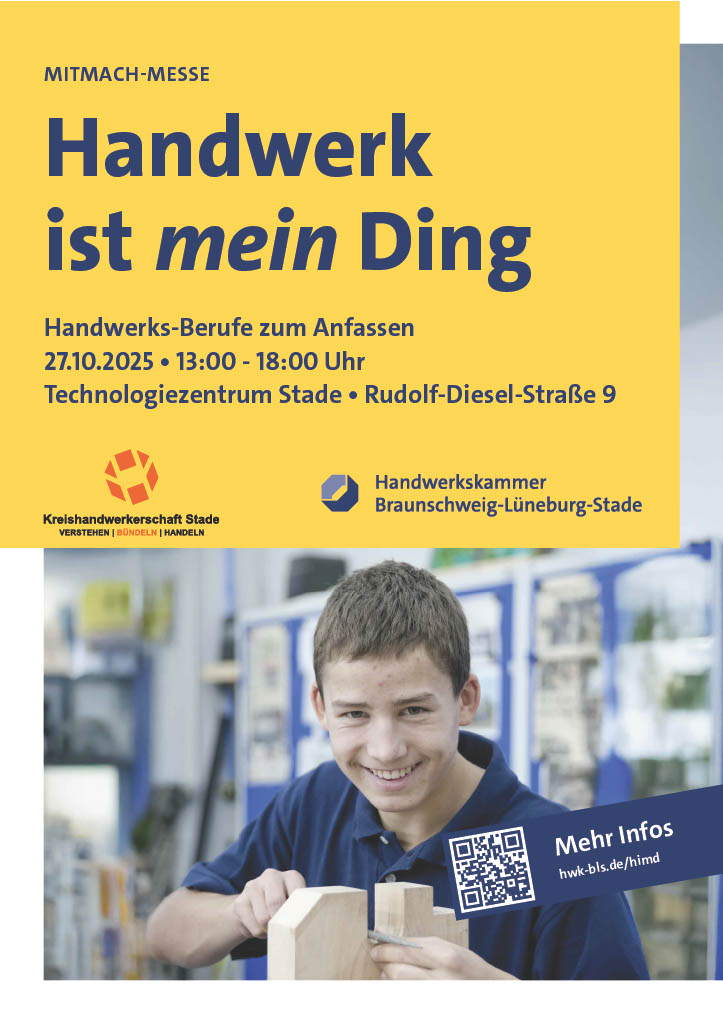Mitmachmesse zum Thema Handwerksberufe am 27. Oktober 2025 im Technologiezentrum Stade. Ein junger Mann arbeitet mit Holz und zeigt Interesse an handwerklichen Tätigkeiten. Informationen zur Veranstaltung und zur Handwerkskammer Braunschweig-Lüneburg-Stade.