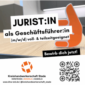 Stellenangebot für Jurist:in als Geschäftsführer:in (m/w/d) in Voll- und Teilzeit bei der Kreishandwerkerschaft Stade. Bewerbungsaufruf und Kontaktdaten.