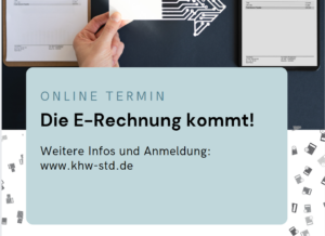 Hinweis auf Online-Seminar zur E-Rechnung und digitalen Buchführung mit Anmeldelink, grafische Darstellung von Rechnungen und Digitalisierung.