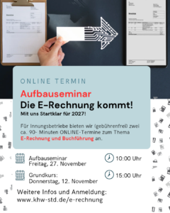 Informationsgrafik zum Online-Seminar E-Rechnung und digitale Buchführung mit Terminen für Aufbauseminar und Grundkurs, inklusive Anmeldedaten und Symbolen für Rechnungen und Digitalisierung.