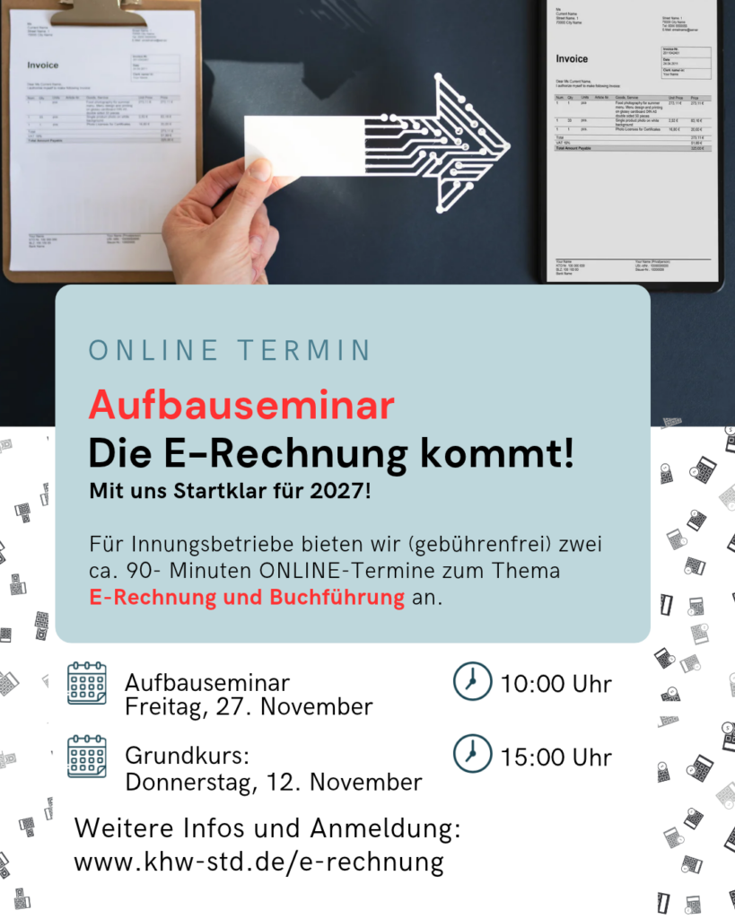 Informationsgrafik zum Online-Seminar E-Rechnung und digitale Buchführung mit Terminen für Aufbauseminar und Grundkurs, inklusive Anmeldedaten und Symbolen für Rechnungen und Digitalisierung.