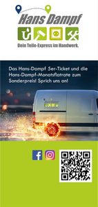 Hans Dampf Teiletaxi Werbebanner mit Lieferwagen, Handwerks-Symbolen, QR-Code und Social Media Icons, jetzt auch in Stade verfügbar