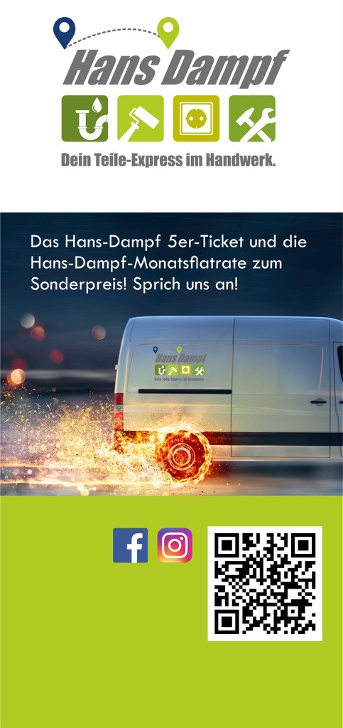 Hans Dampf Teiletaxi Werbebanner mit Lieferwagen, Handwerks-Symbolen, QR-Code und Social Media Icons, jetzt auch in Stade verfügbar
